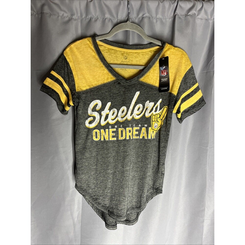 NWT NFL Pittsburgh Steelers Women's Teen Grey Script V T-Shirt Tee Size Small - Picture 1 of 3